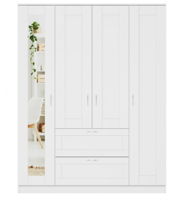 Шкаф четырехдверный Сириус с 1 зеркалом и 2 ящиками белый в Новомихайловке - novomihajlovka.mebel54.com | фото